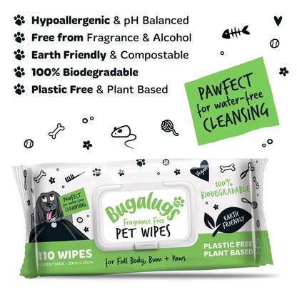 Bugalugs Biodegradable Fragrance Free Pet Wipes 50gsm